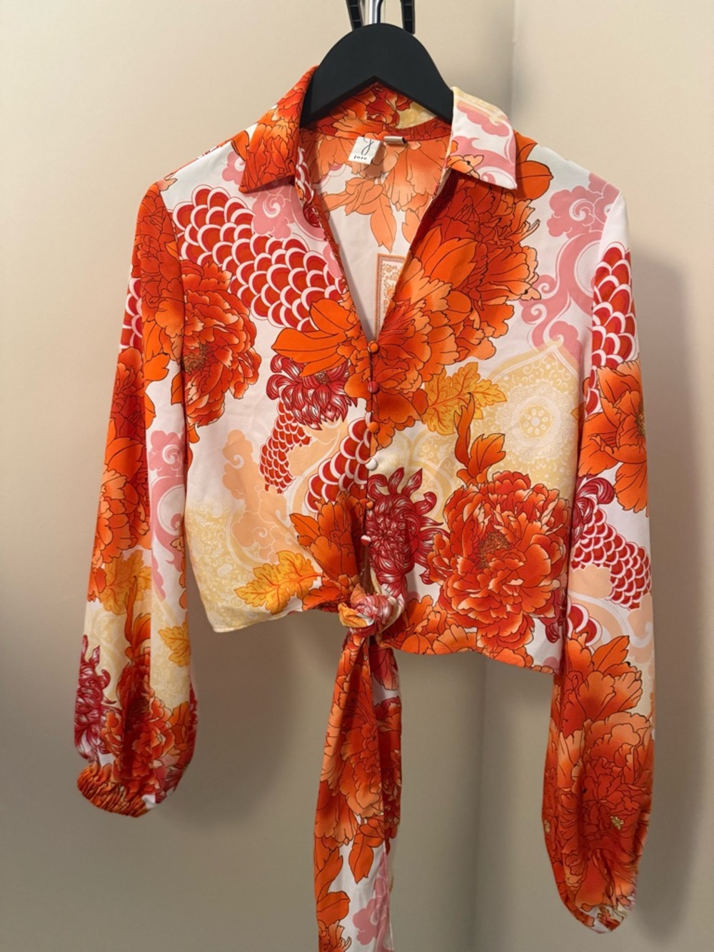 Joie Orange Floral Tie-Front Button Down Shirt